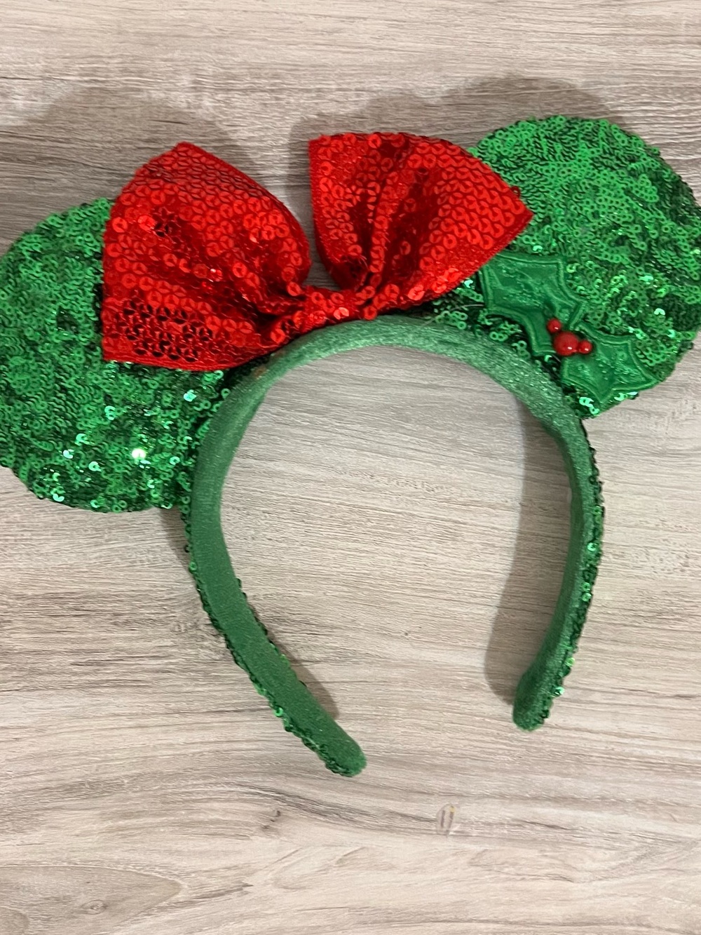 Disney Ears Holly Green Sequin Minnie Mouse Red Bow Mistletoe Christmas Holiday